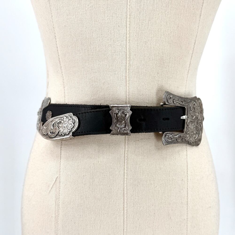 Vintage 90s Black Leather Silver Concho Chain Belt